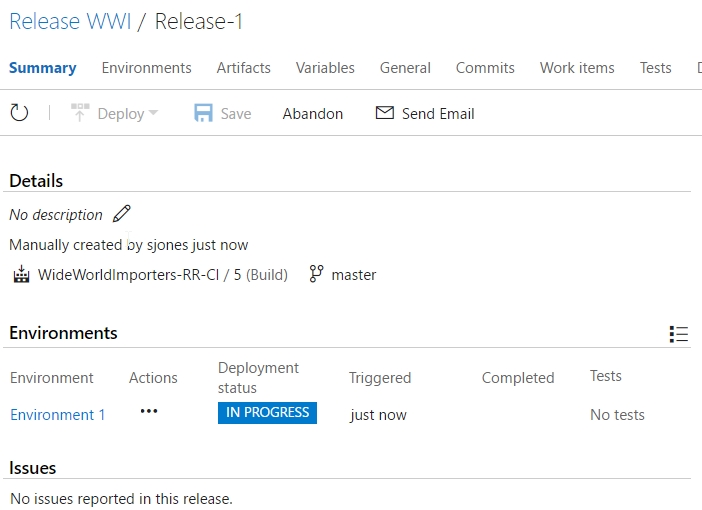 On the Release WWI / Release-1 page, on the Summary tab, under Environments, Environment 1 deployment status is In Progress.